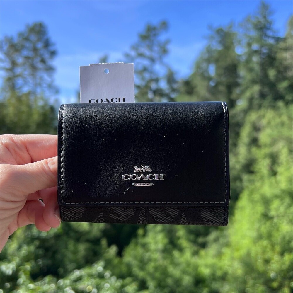COACH Black/Charcoal Signature Canvas Trifold Micro Wallet Silver Hardware NWT